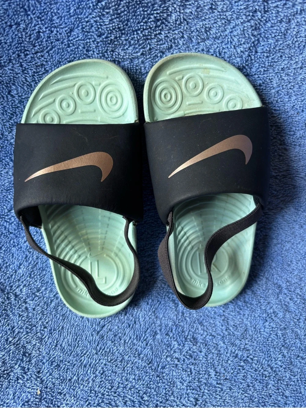 Nike Black Slides with Mint Green Footbed and Rose Gold Swoosh